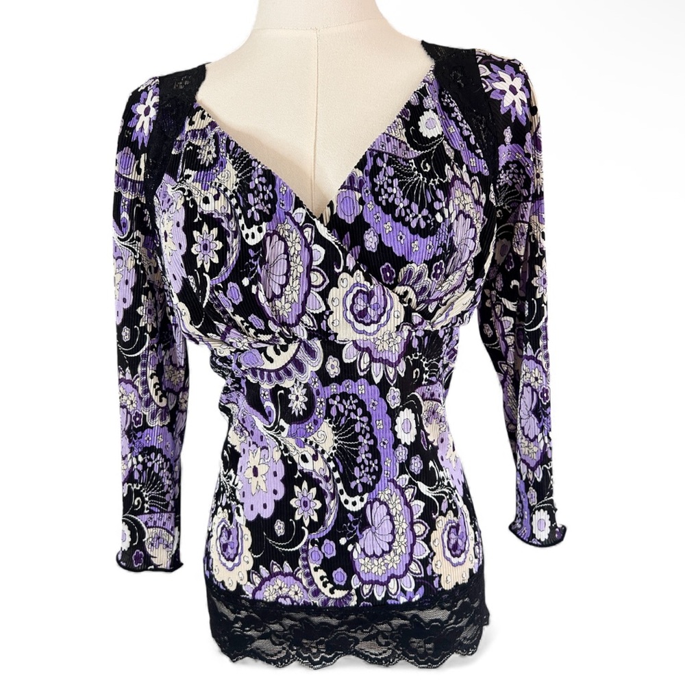 Y2K JTB Babydoll Lace Trim Dark Floral Paisley Top Whimsigoth Fairy Grunge Sz L